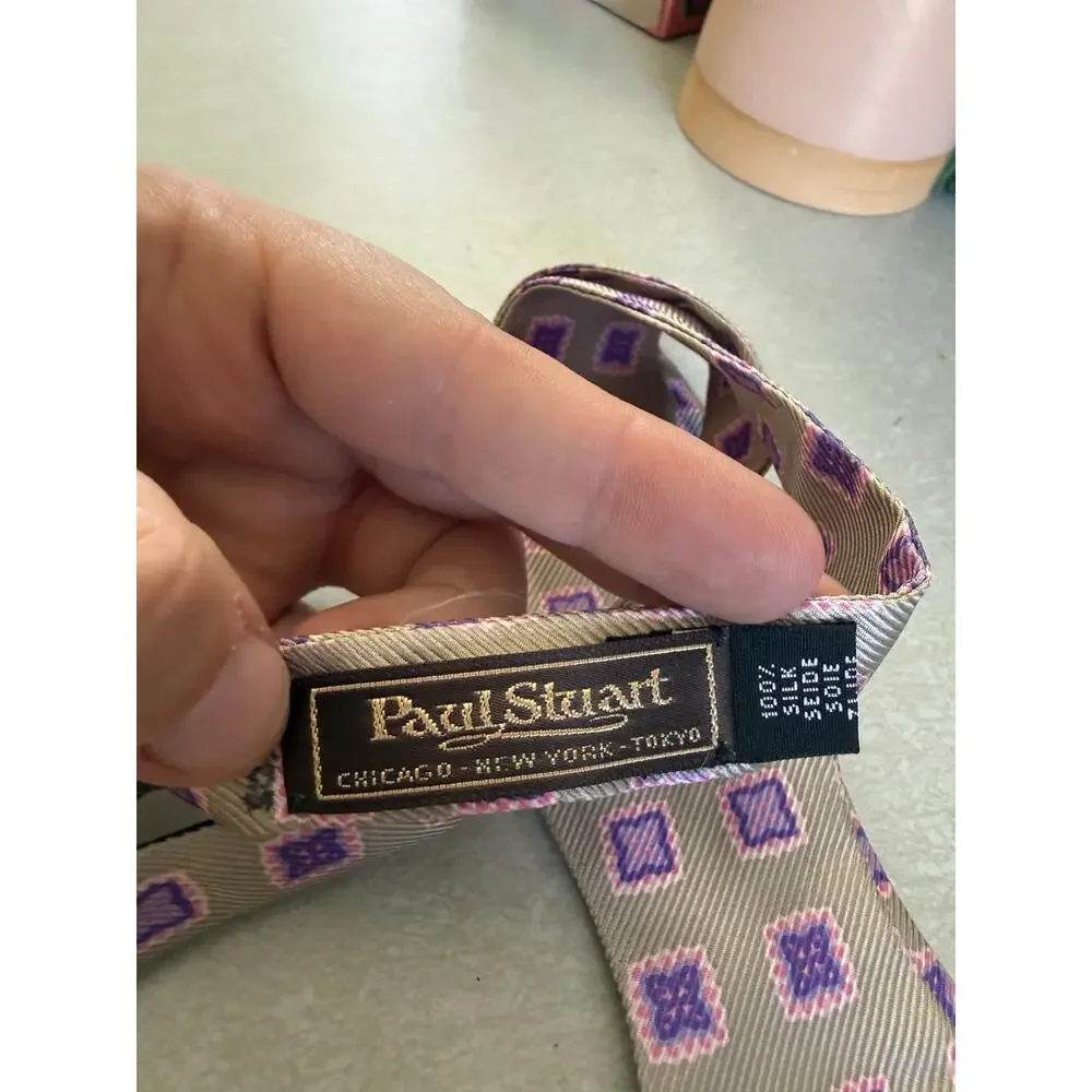 Vintage Paul Stuart Pink, Tan, and Purple Silk Bow Tie - Great condition